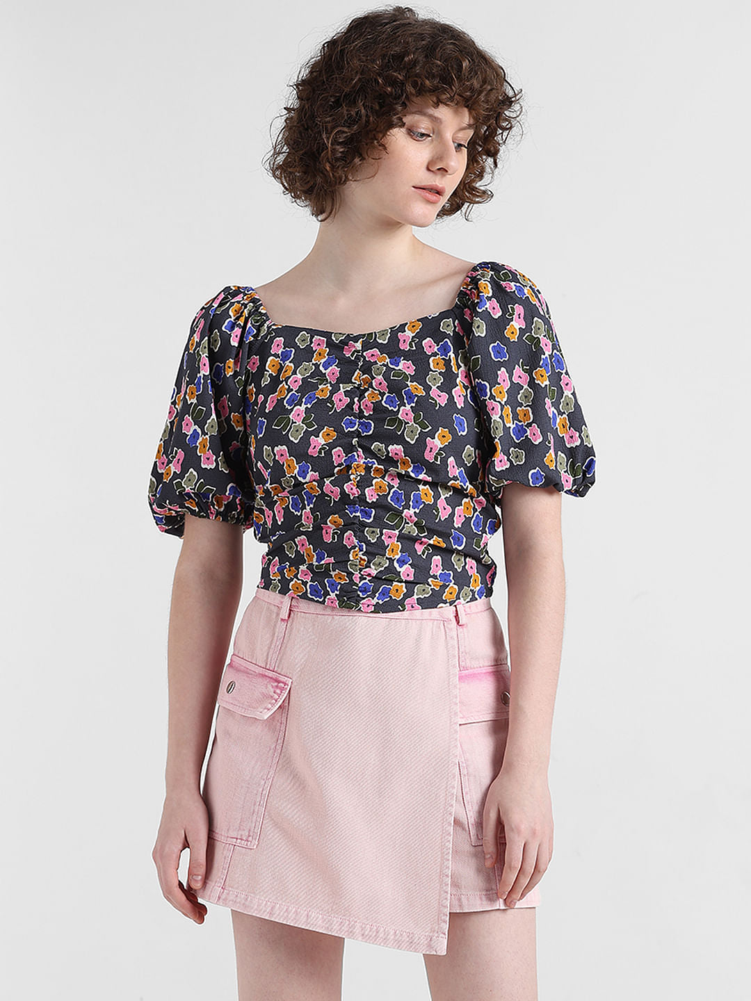 Black Floral Smocked Top