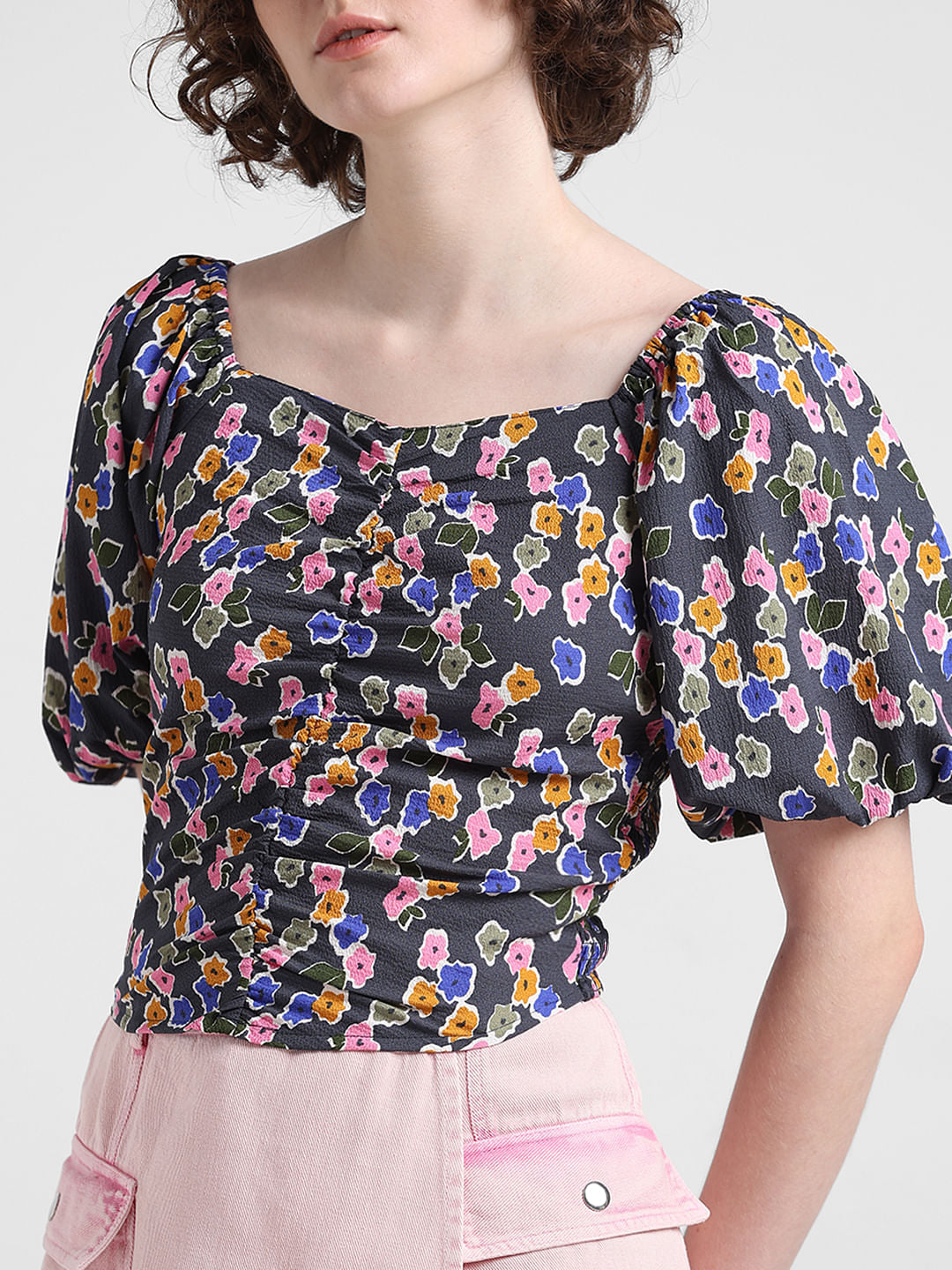 Black Floral Smocked Top