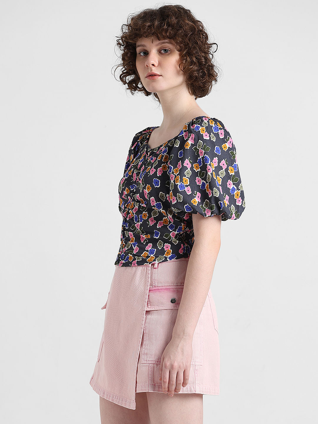 Black Floral Smocked Top