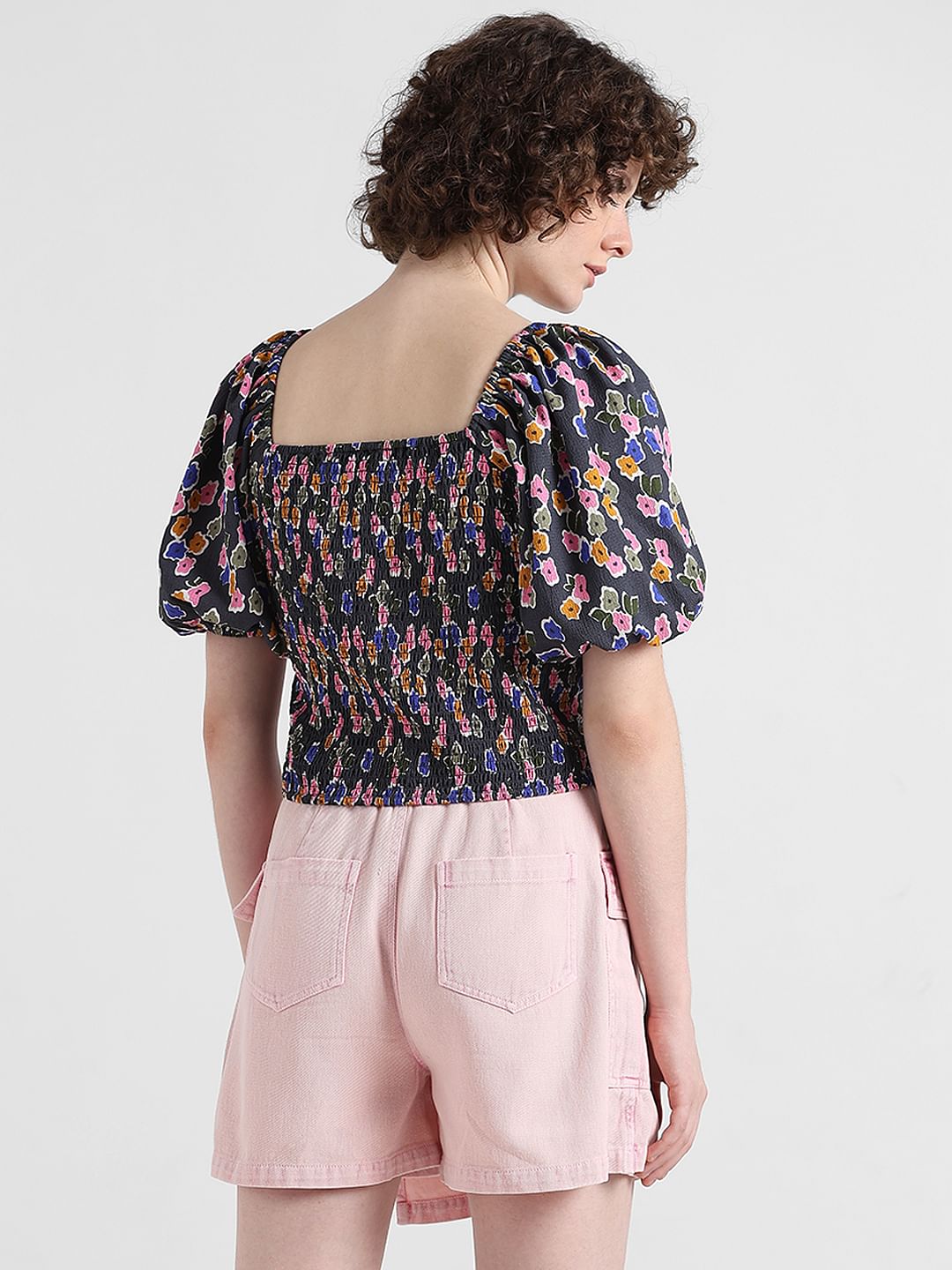 Black Floral Smocked Top