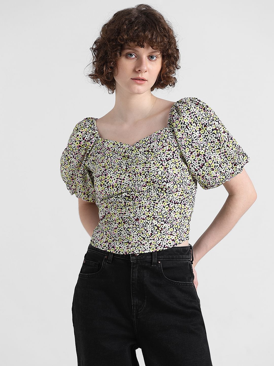 Yellow Floral Print Cropped Top