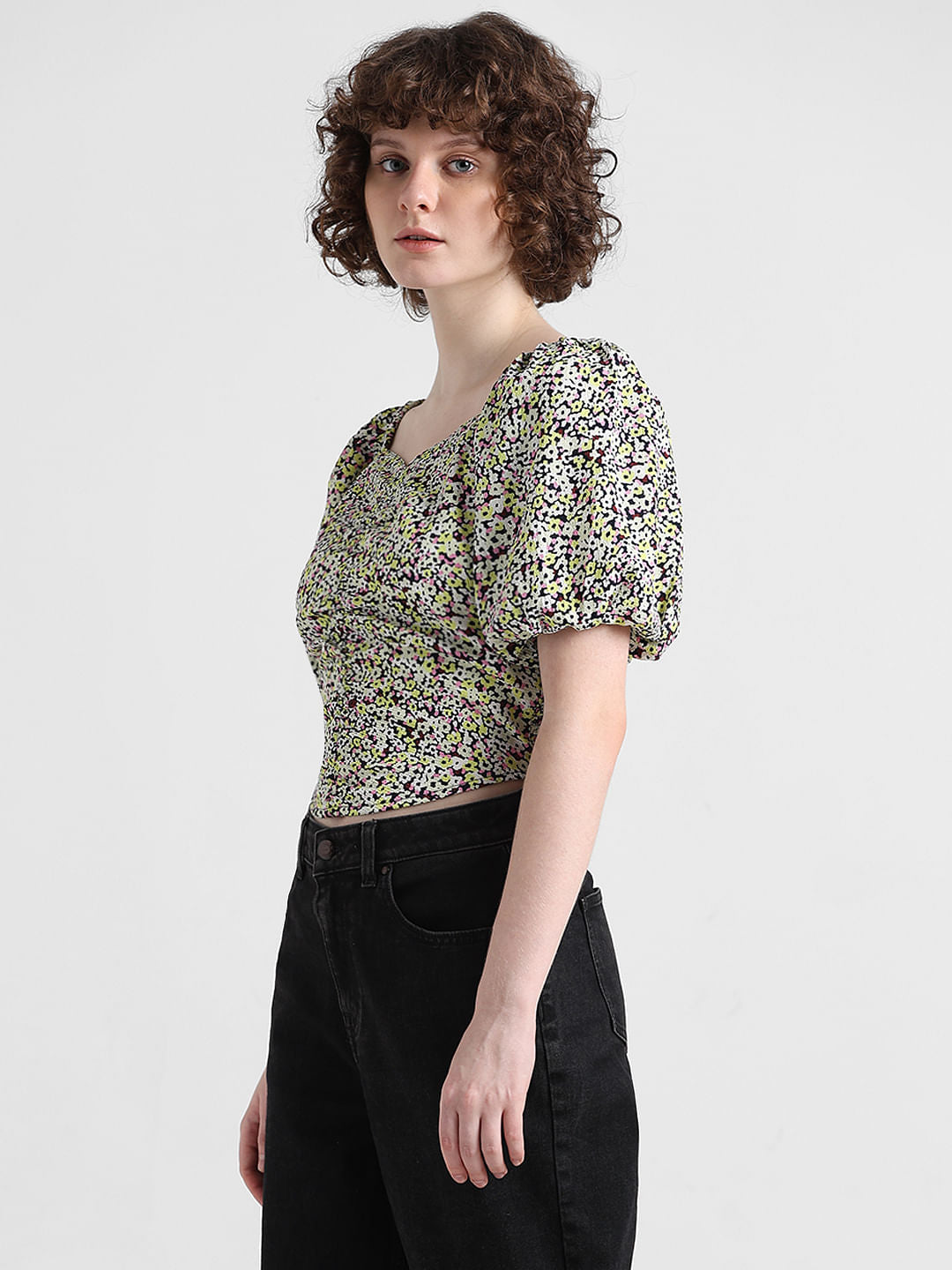 Yellow Floral Print Cropped Top