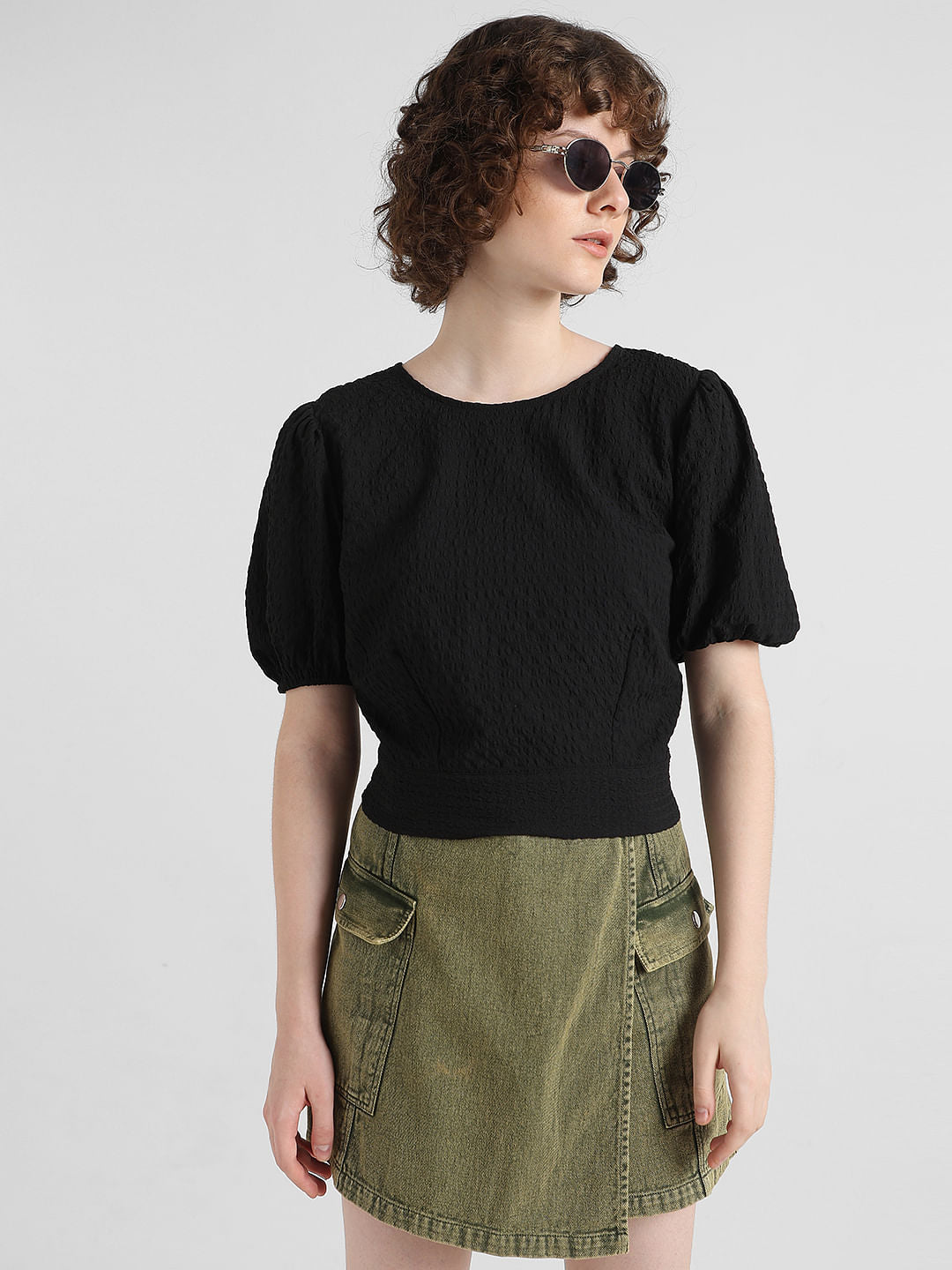 Black Textured Tie-Up Top