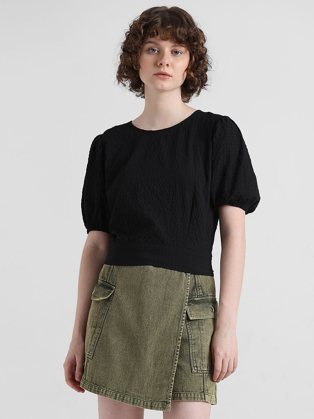 Black Textured Tie-Up Top