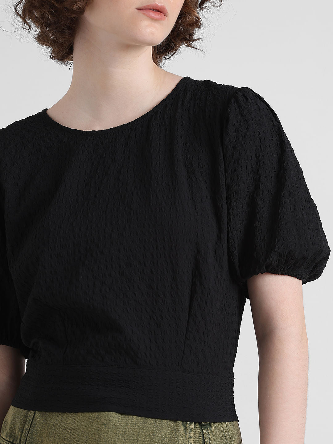 Black Textured Tie-Up Top