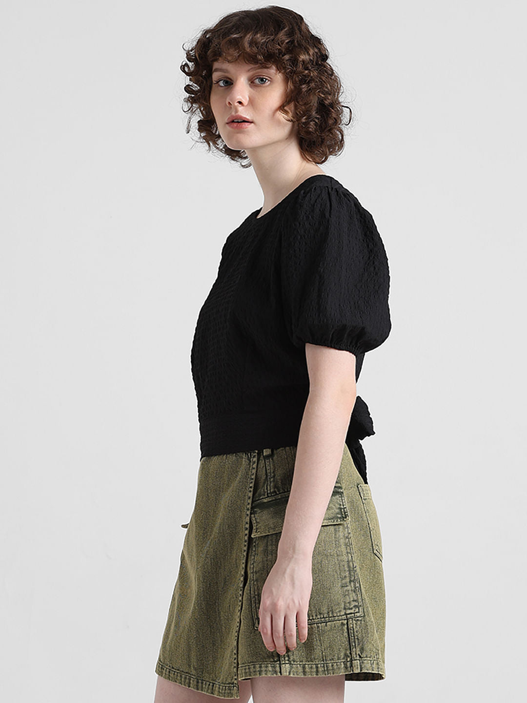 Black Textured Tie-Up Top