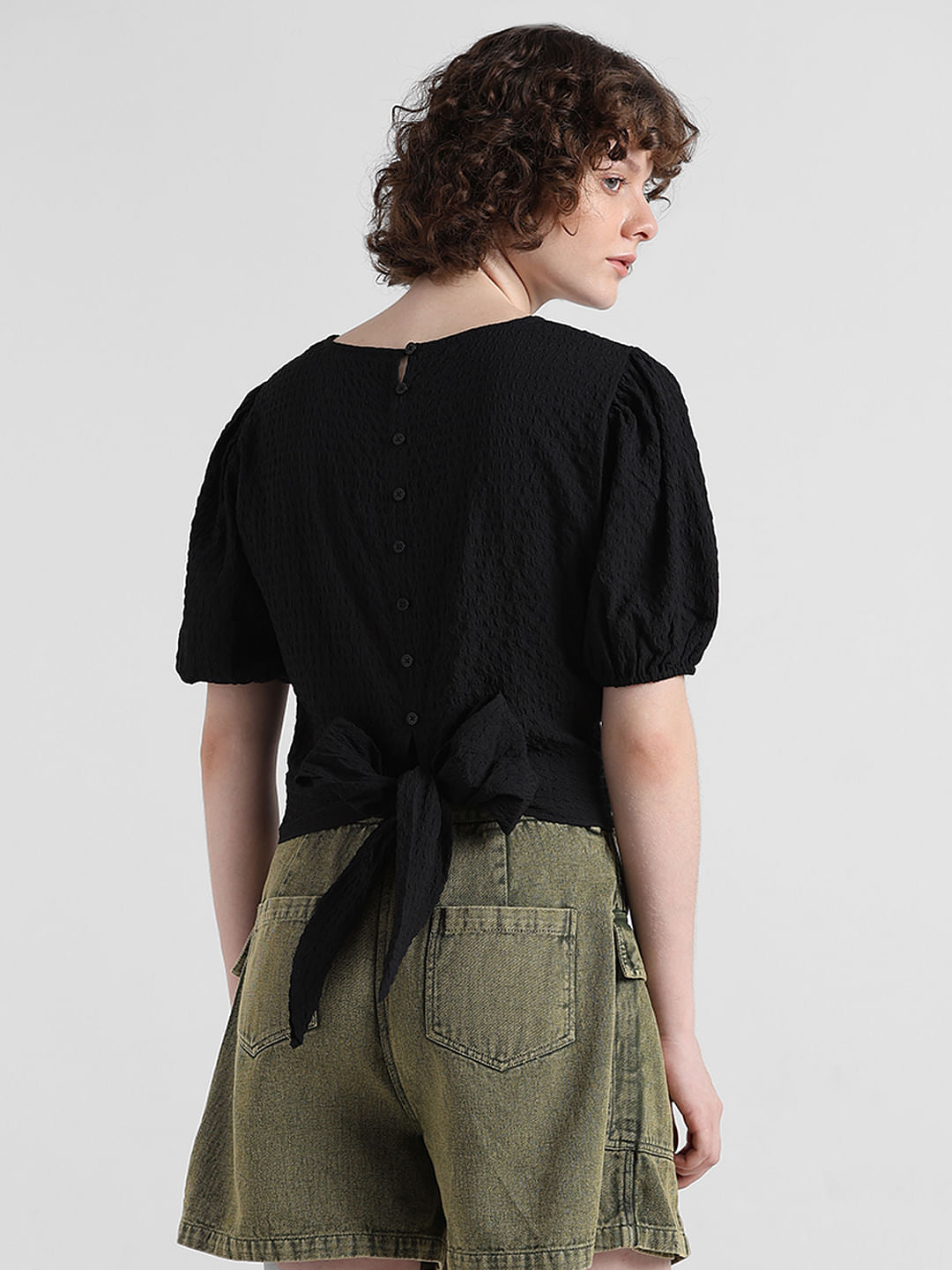 Black Textured Tie-Up Top