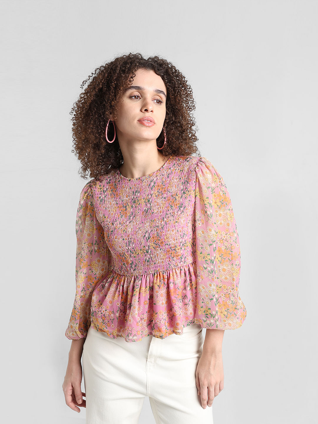 Pink Smocked Floral Top