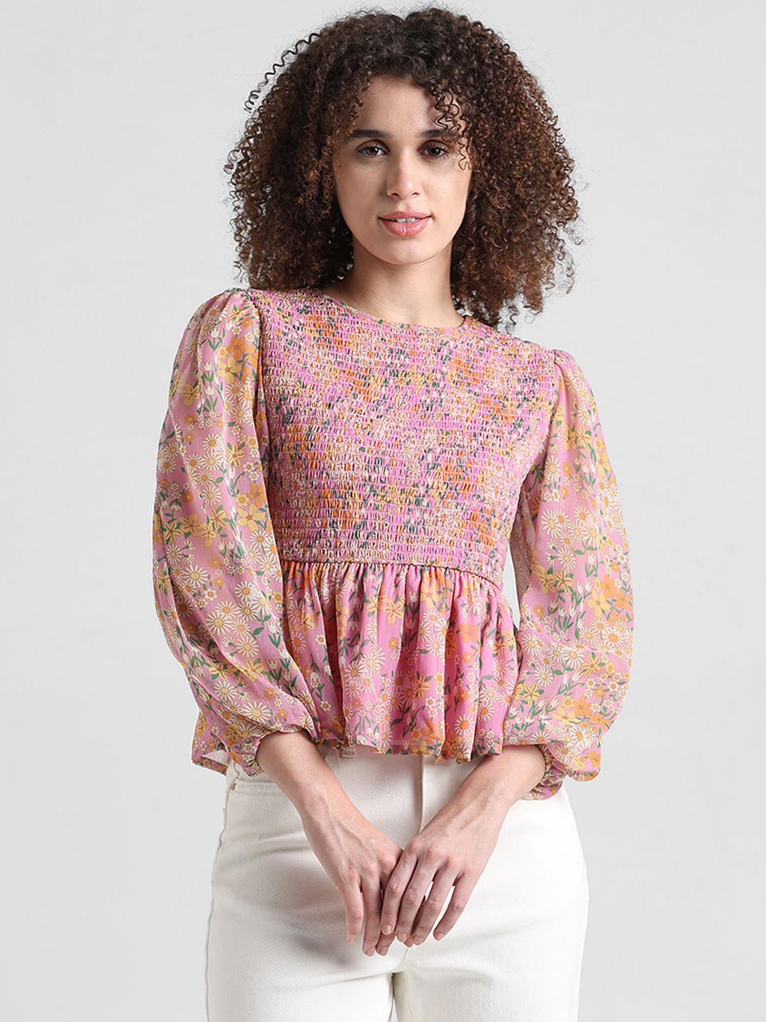 Pink Smocked Floral Top