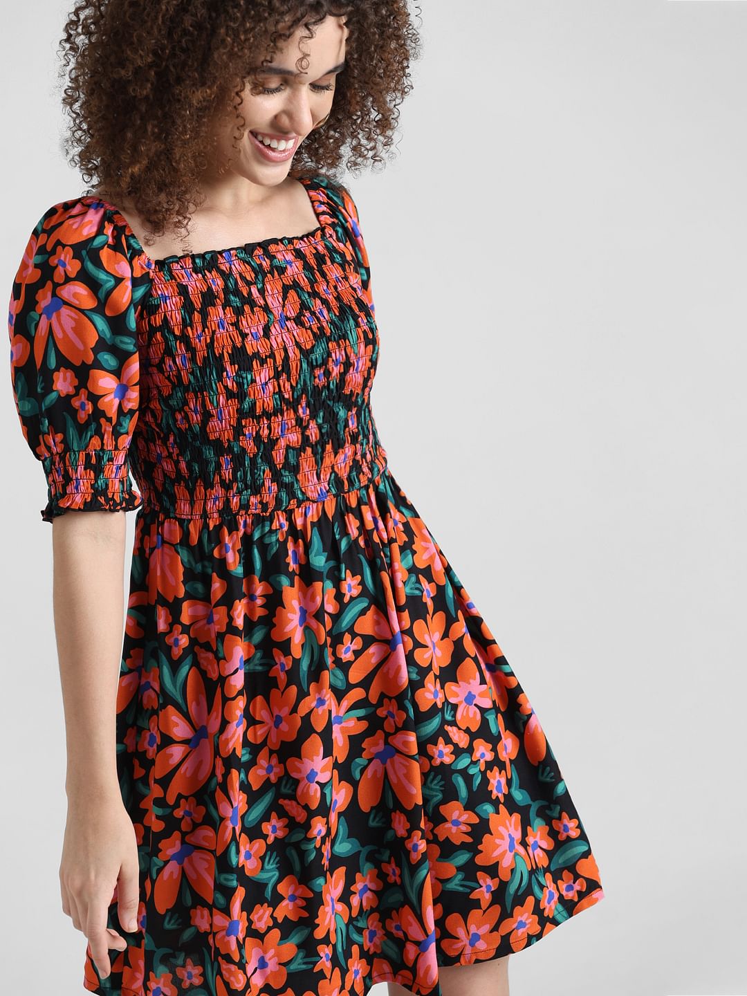 Black Floral Smocked Dress