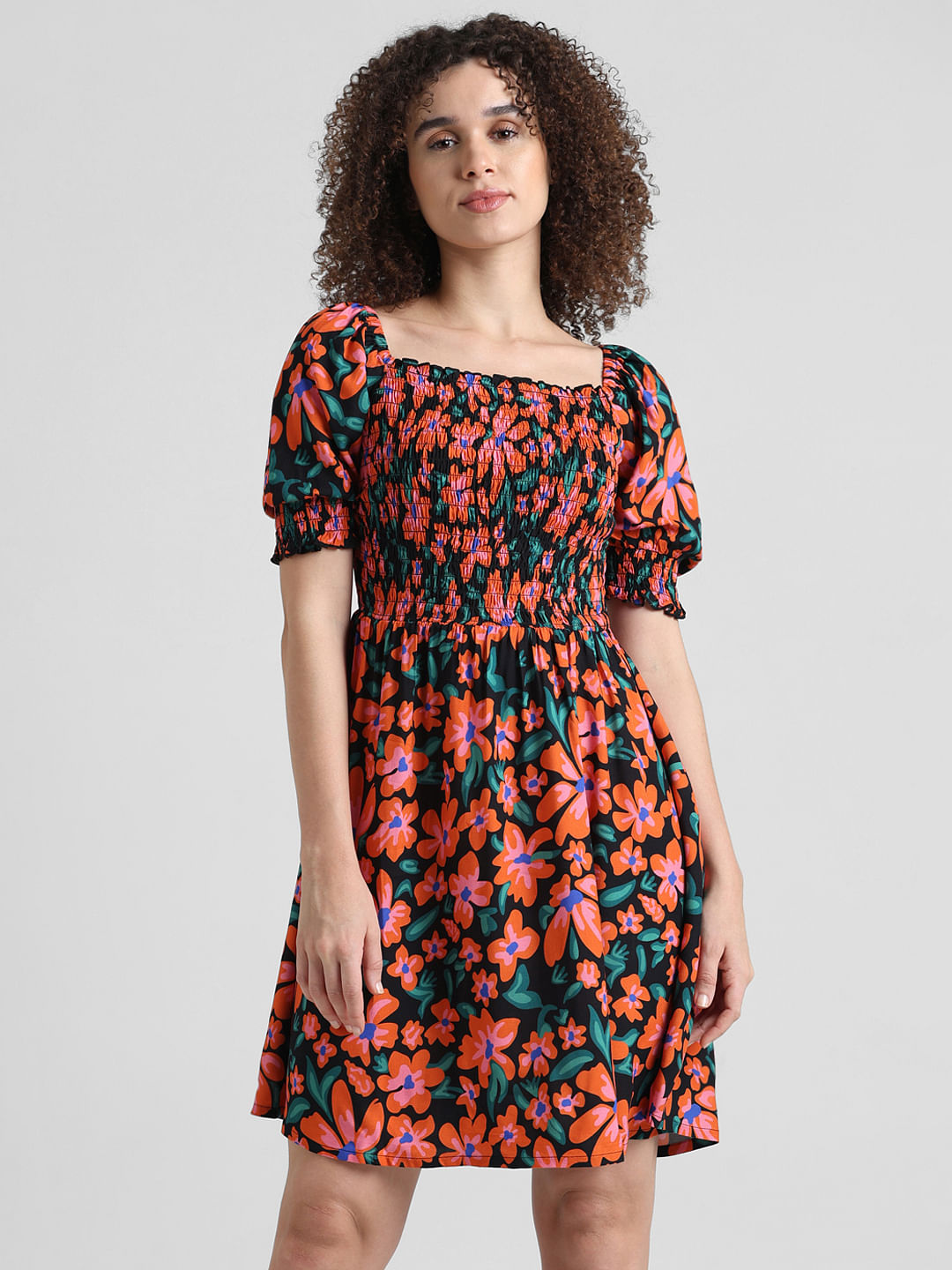 Black Floral Smocked Dress