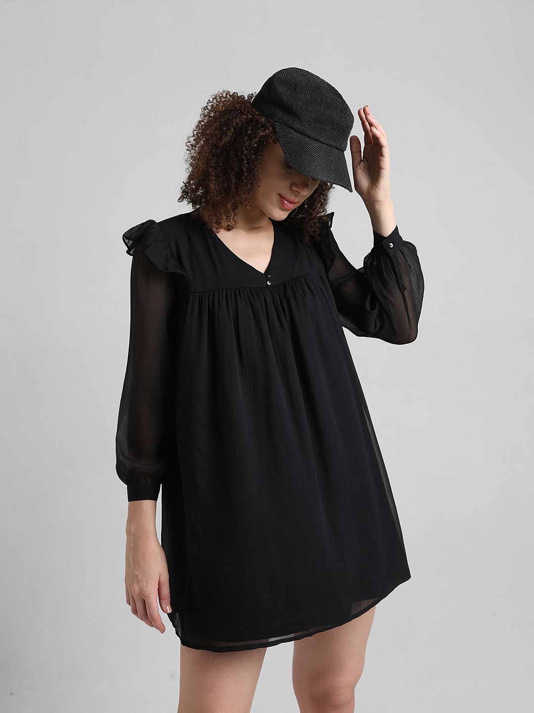 Black Chiffon V-Neck Dress - Main Image
