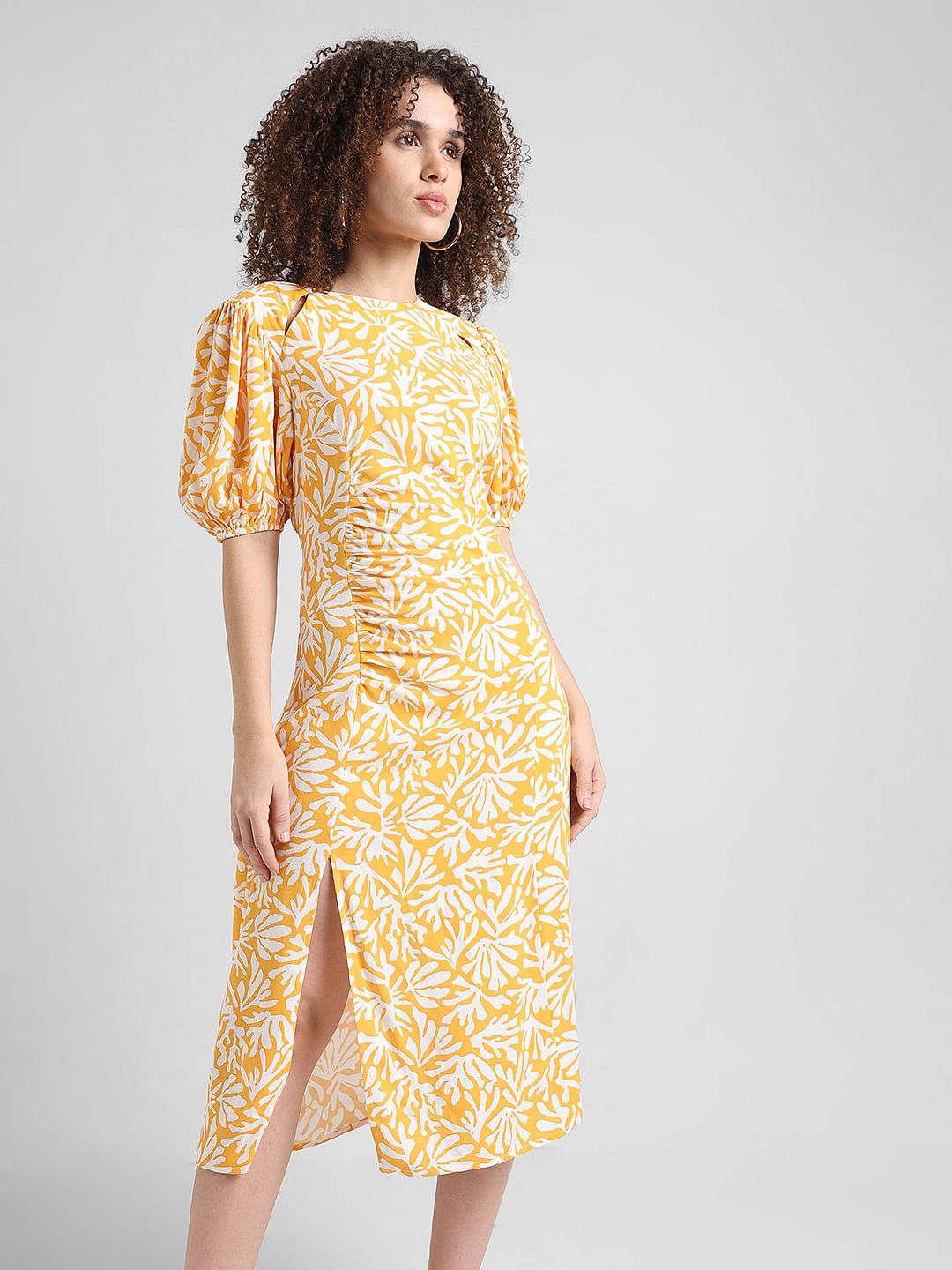 Yellow Printed Midi Dress
