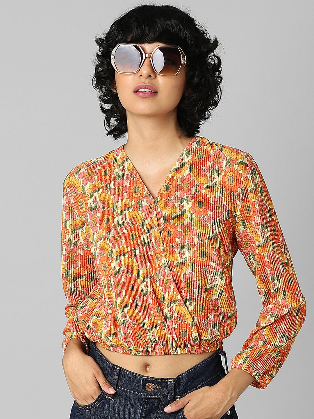 Orange Floral Plisse Top