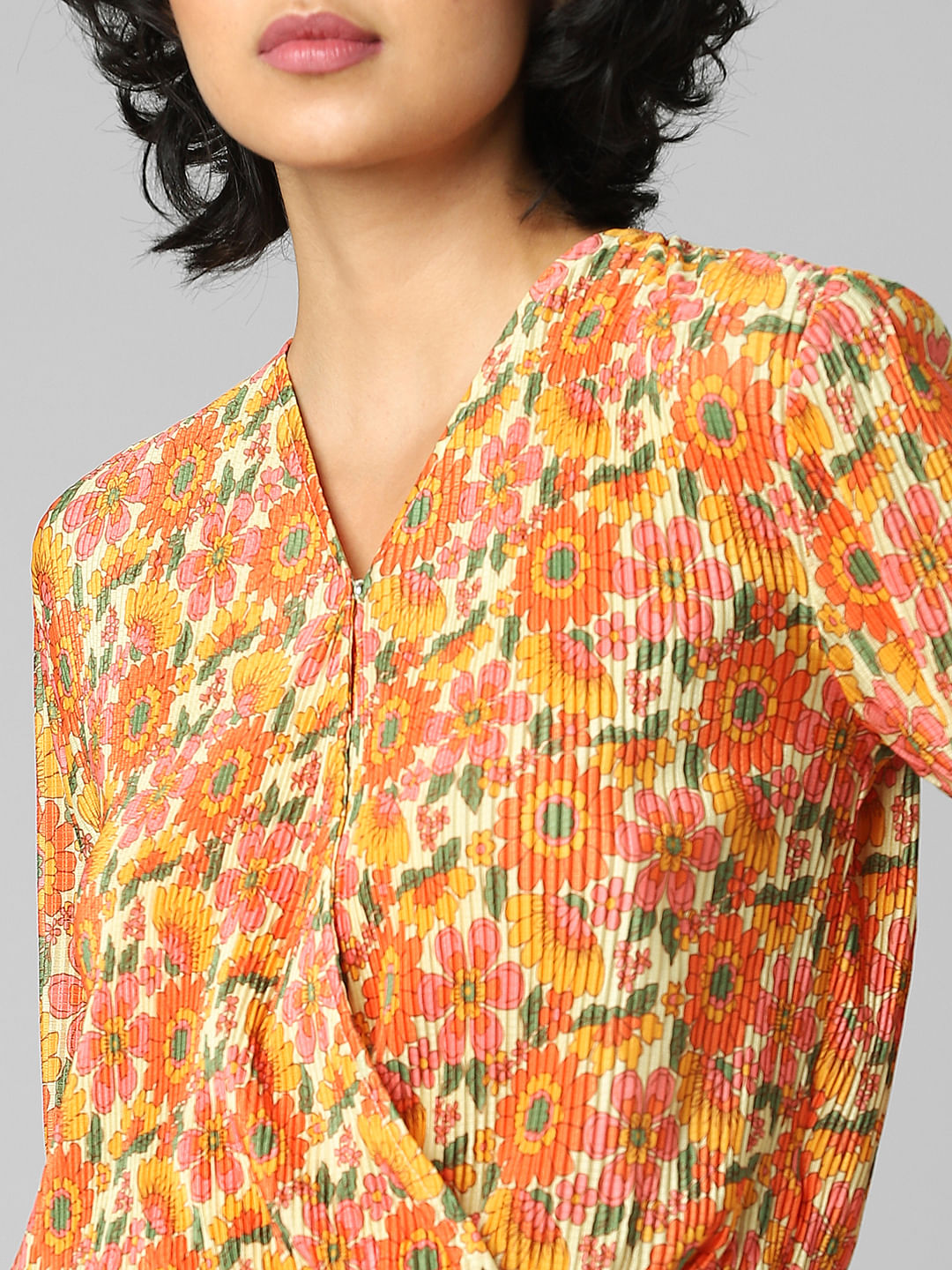 Orange Floral Plisse Top