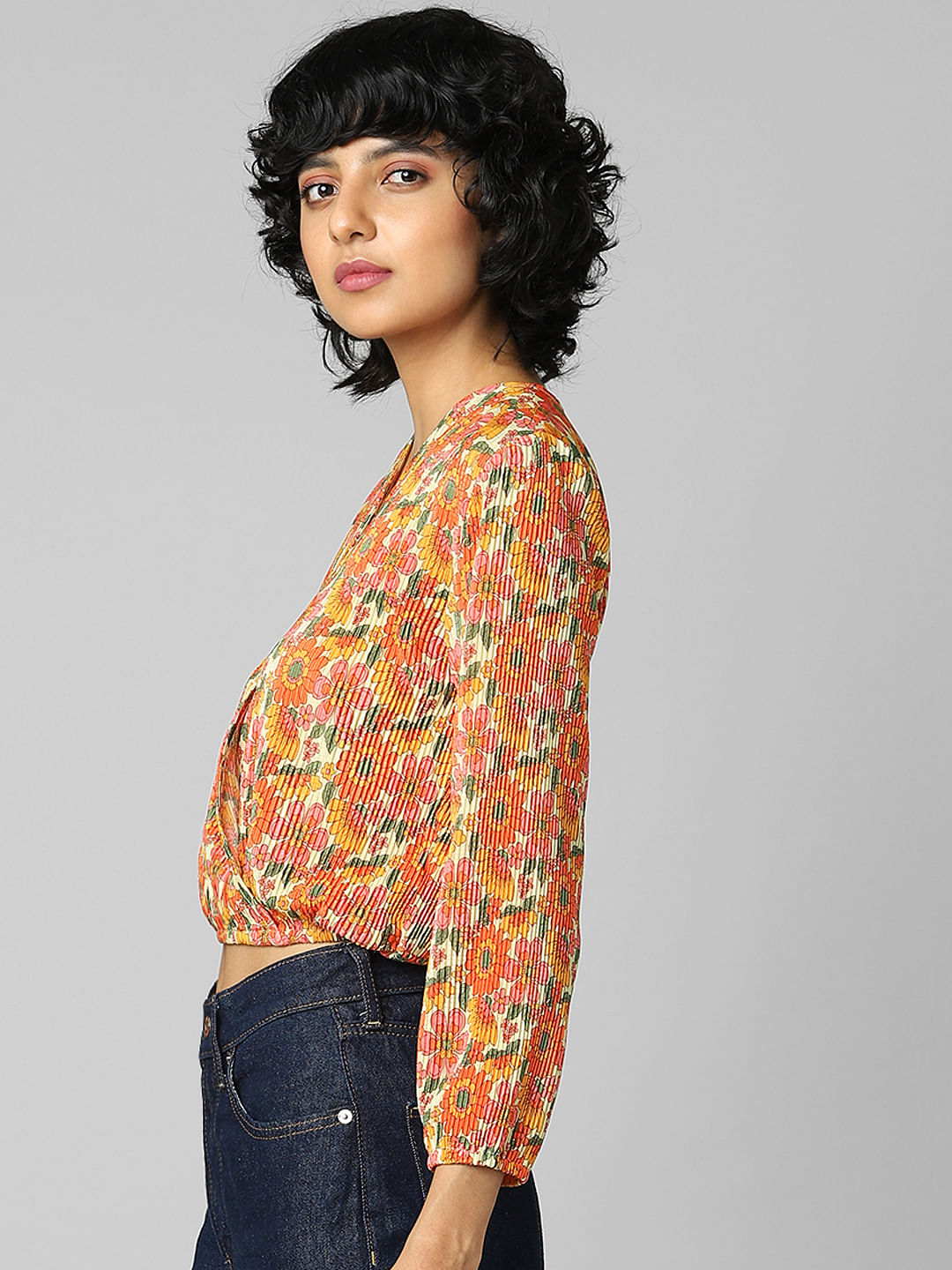 Orange Floral Plisse Top