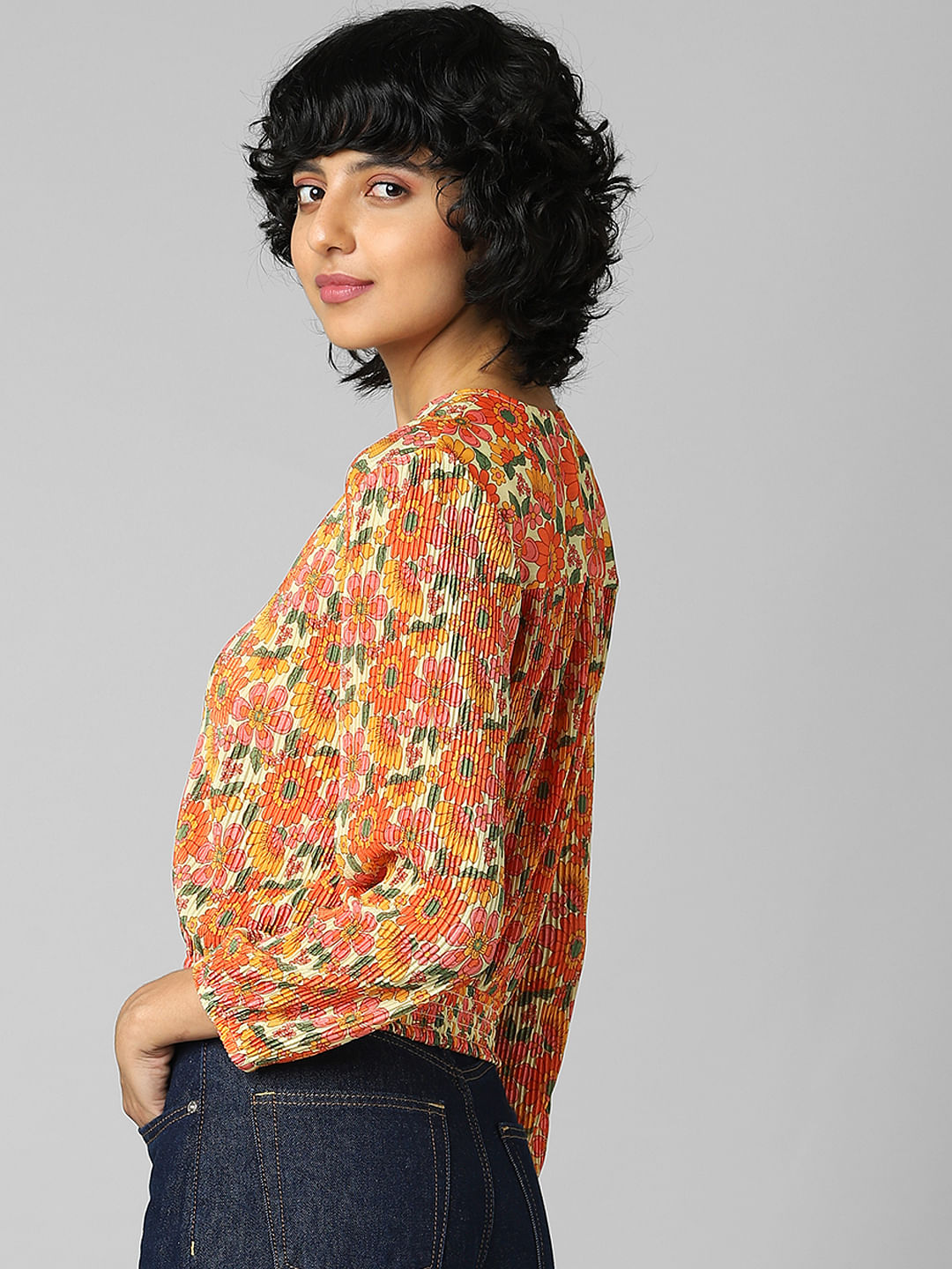 Orange Floral Plisse Top