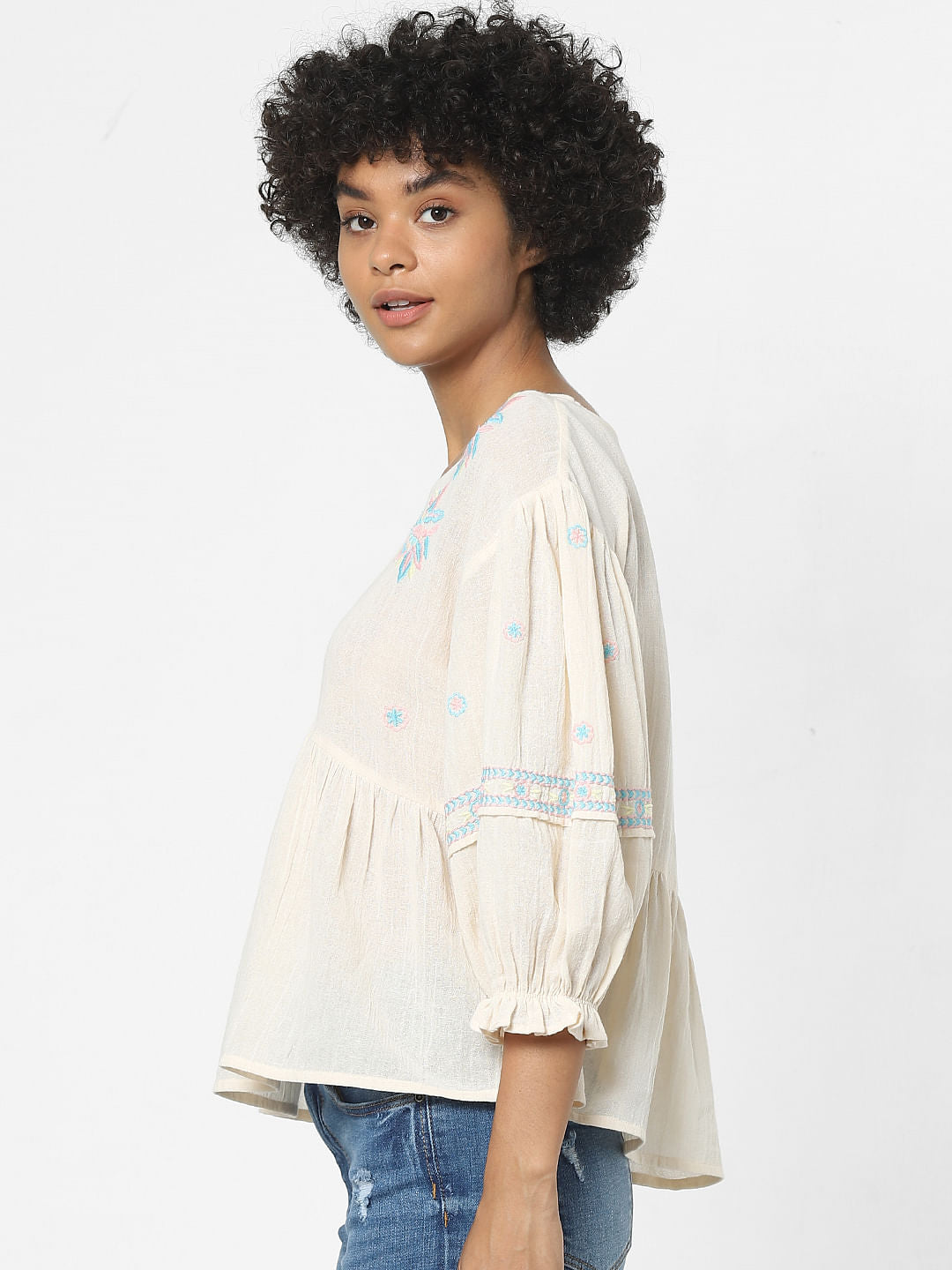 Cream Embroidered Flared Top - Only