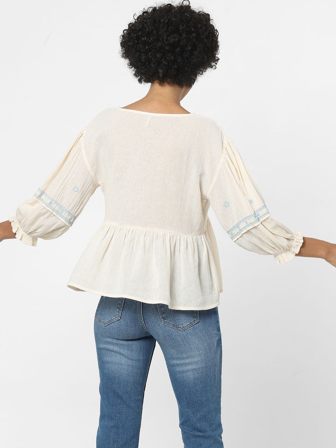 Cream Embroidered Flared Top - Only