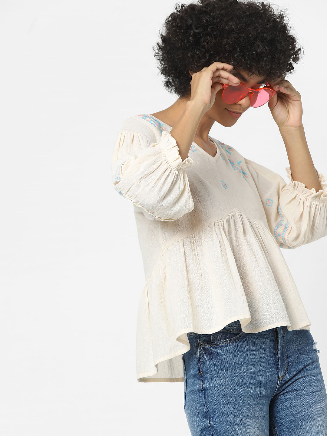 Cream Embroidered Flared Top - Only