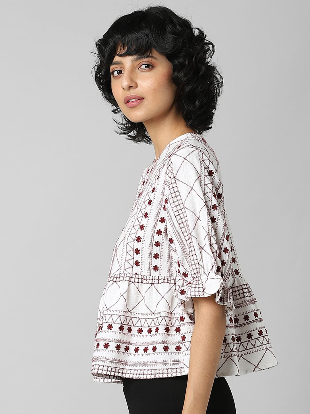 White Embroidered Flared Top