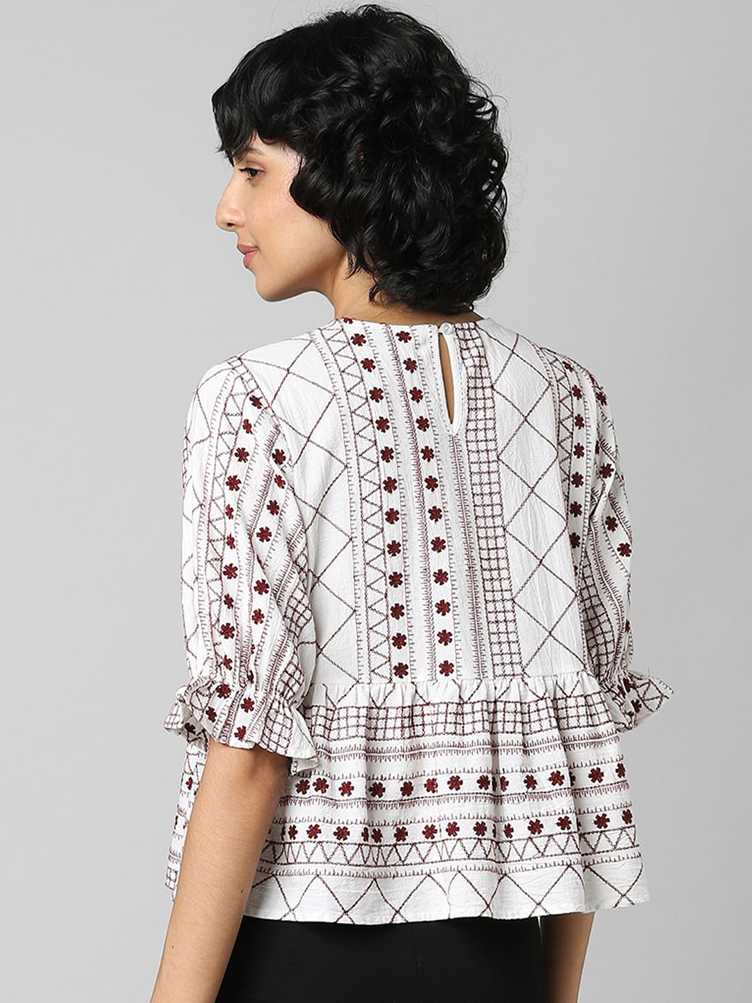 White Embroidered Flared Top