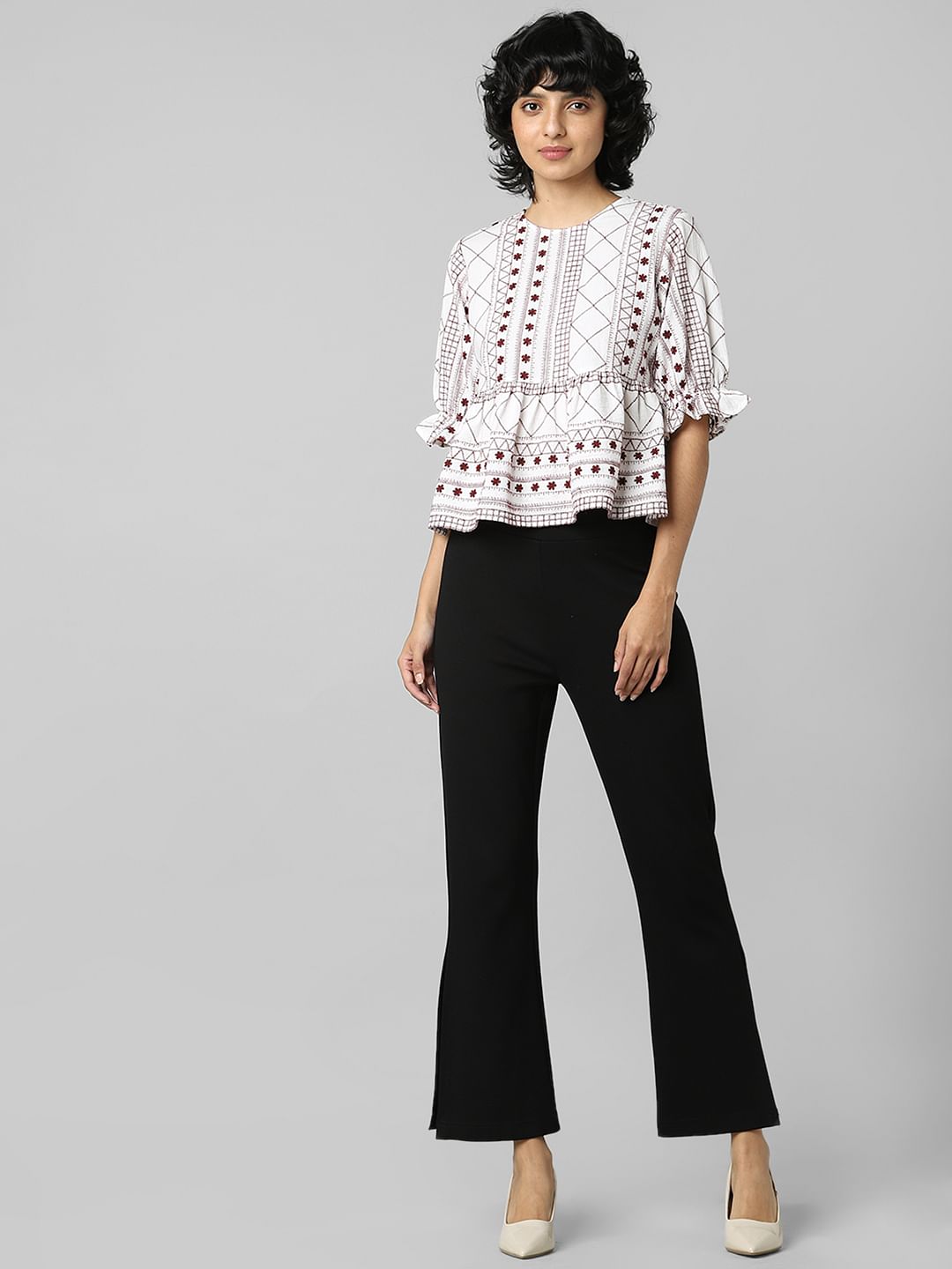 White Embroidered Flared Top