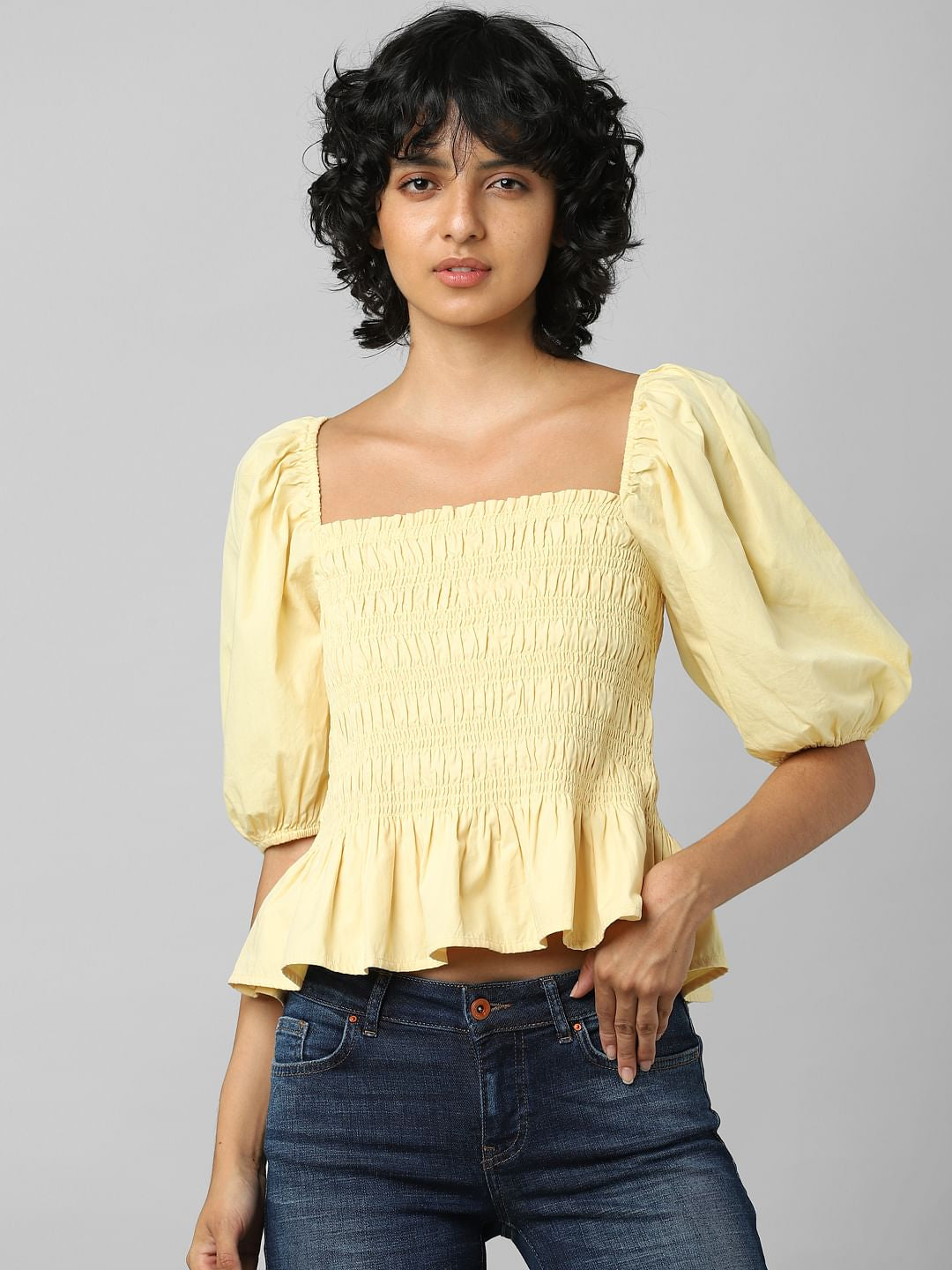 Yellow Smocked Peplum Top