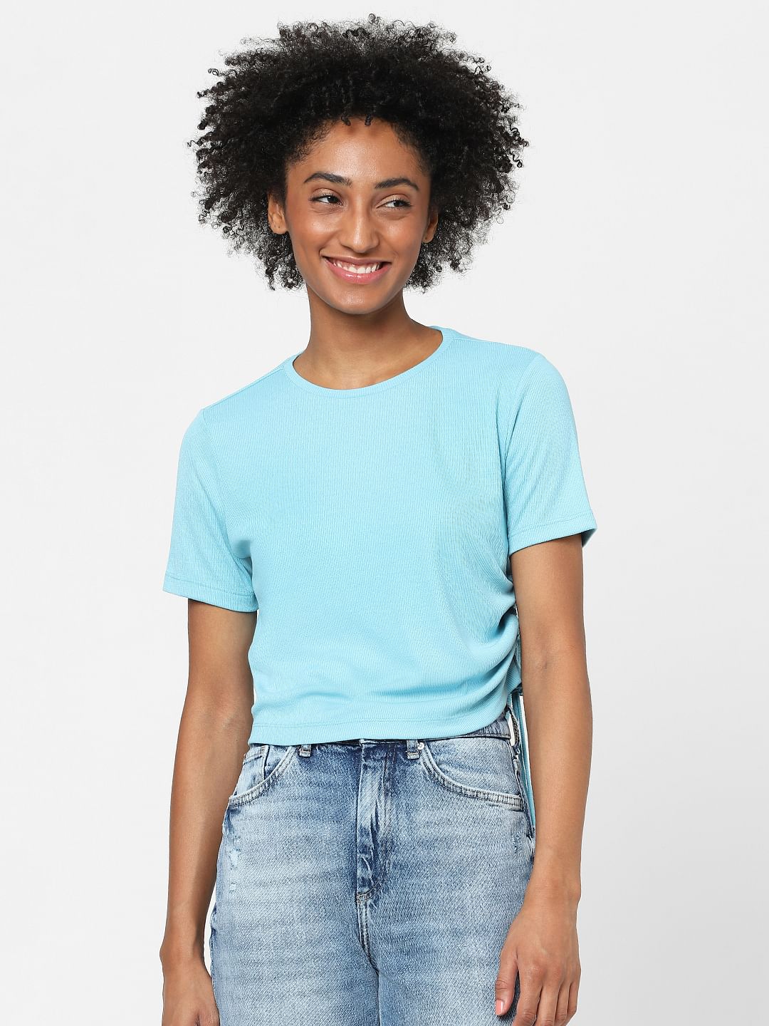 Blue Ruched Ribbed T-Shirt