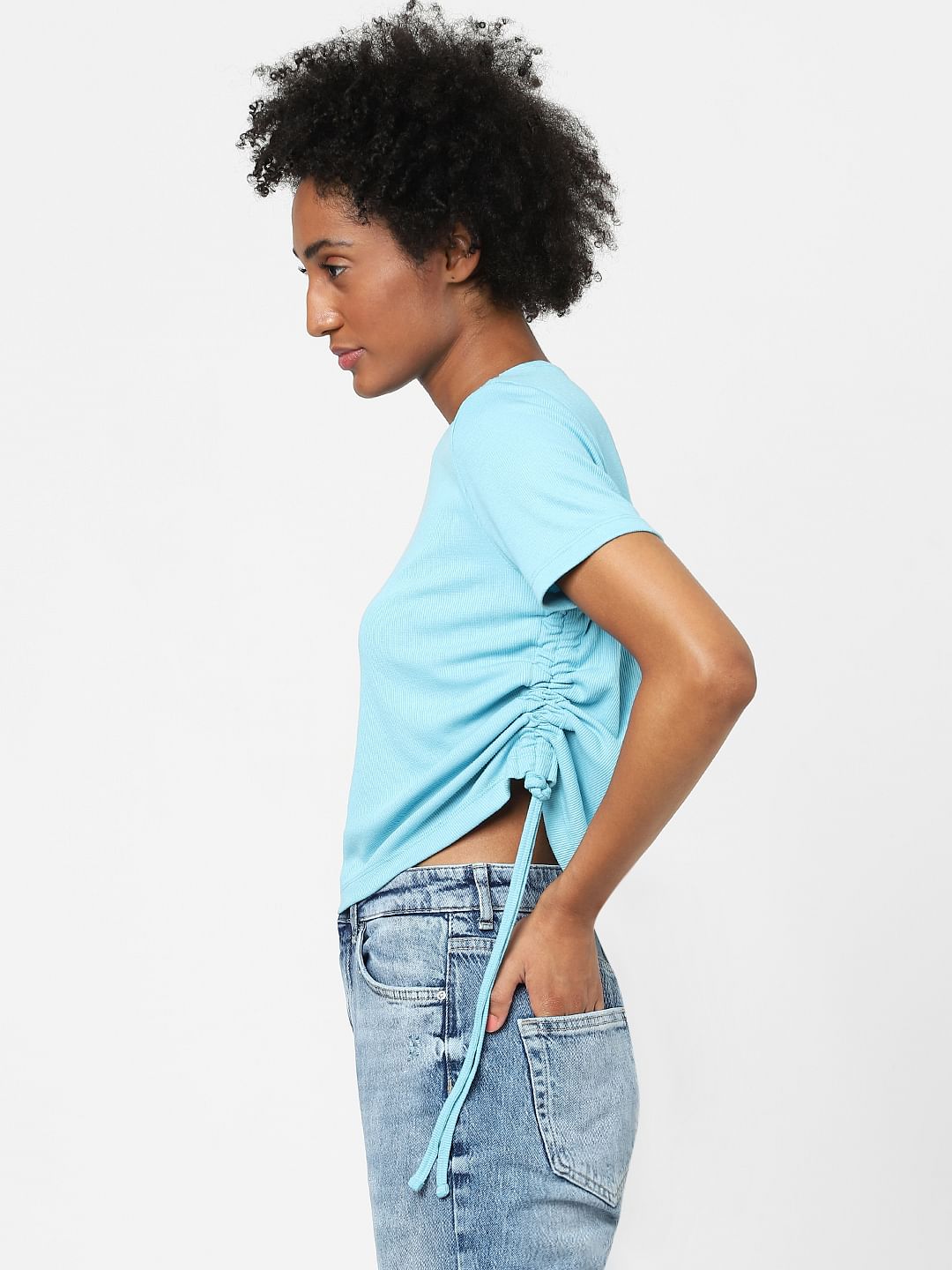 Blue Ruched Ribbed T-Shirt