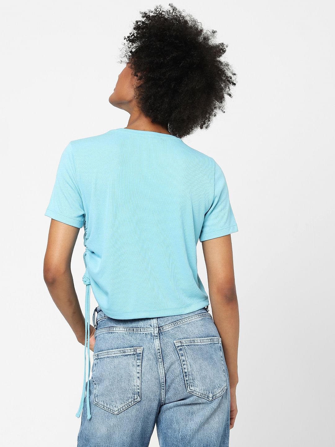 Blue Ruched Ribbed T-Shirt