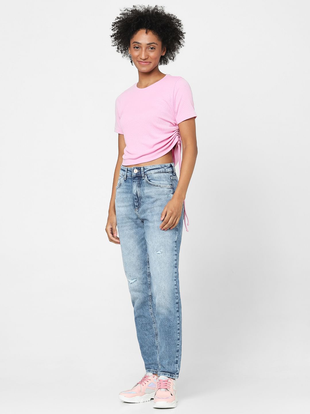 Pink Ruched Ribbed T-Shirt