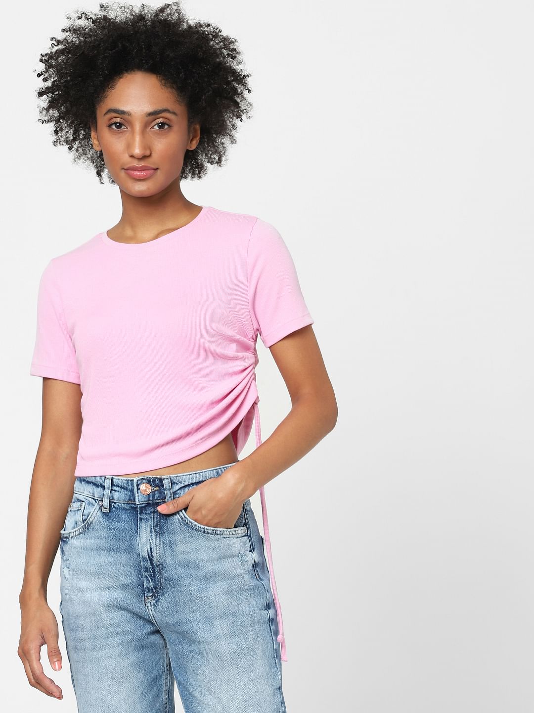 Pink Ruched Ribbed T-Shirt