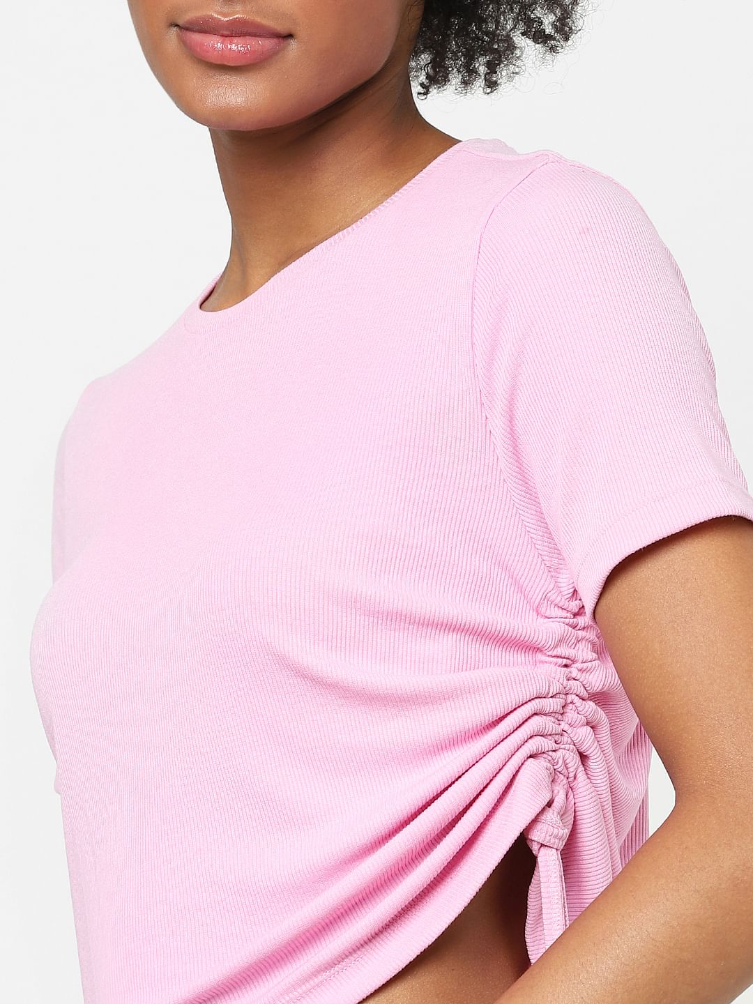 Pink Ruched Ribbed T-Shirt