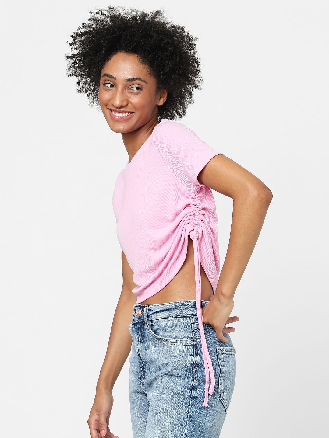 Pink Ruched Ribbed T-Shirt