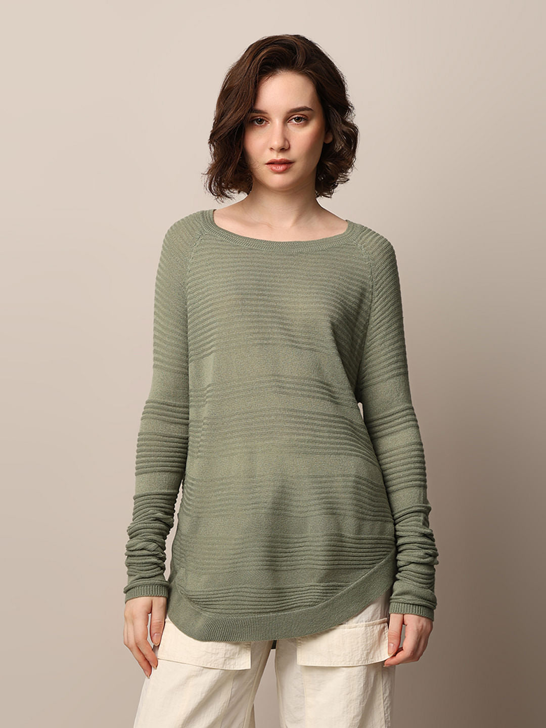 Green Structured Knit Pullover