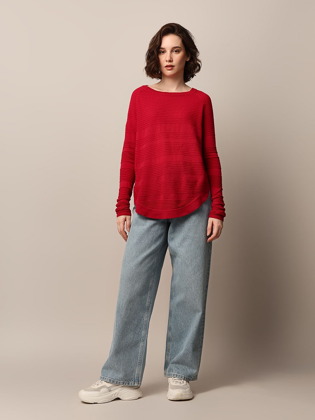 Red Structured Knit Pullover