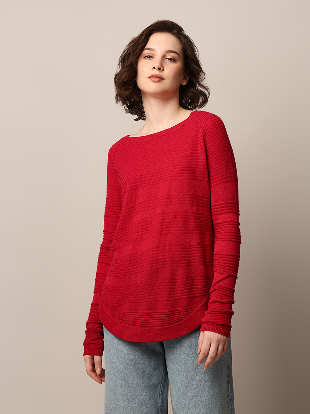 Red Structured Knit Pullover