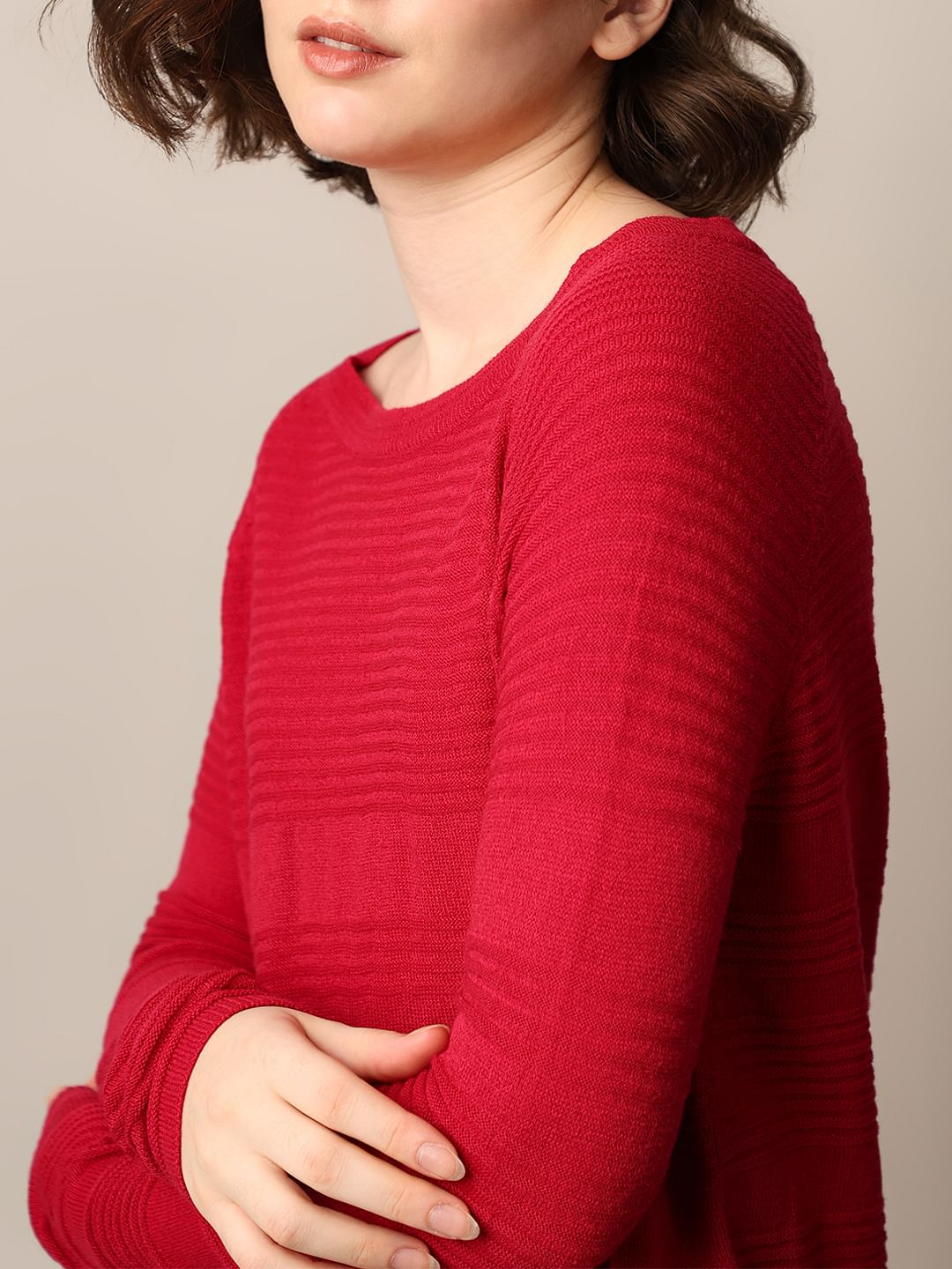 Red Structured Knit Pullover