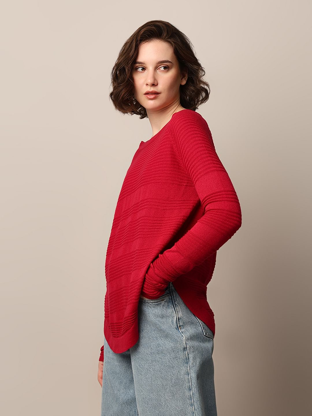 Red Structured Knit Pullover