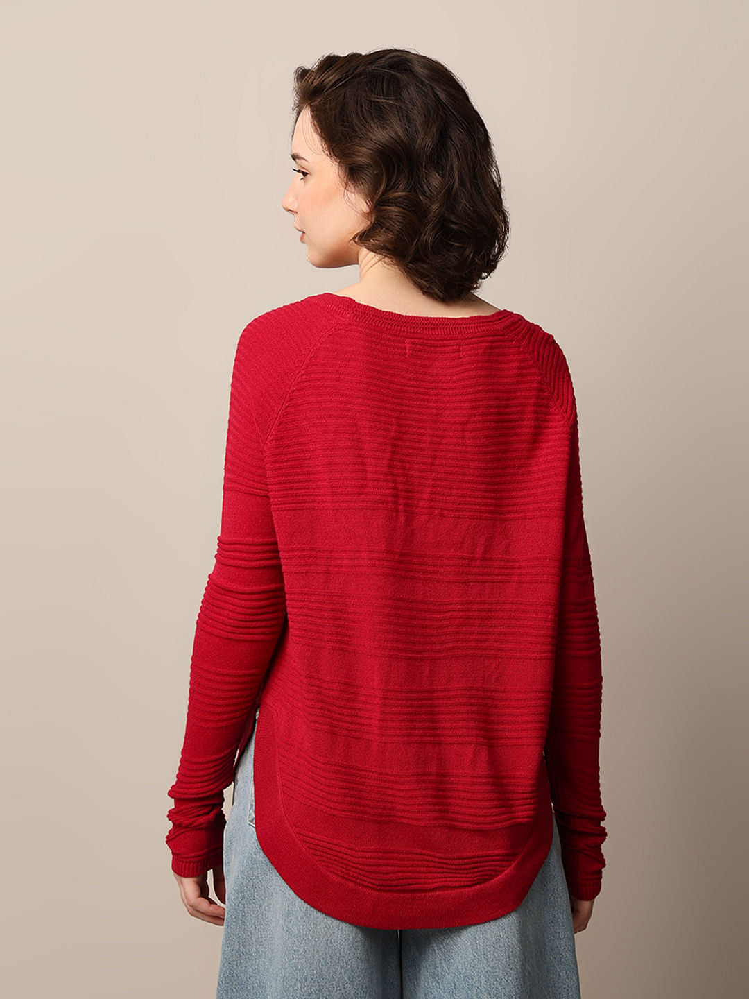 Red Structured Knit Pullover