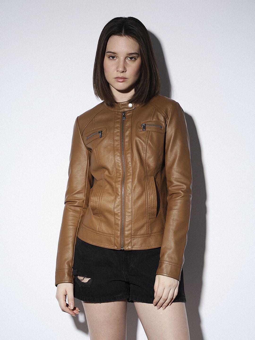 Brown Faux Leather Biker Jacket