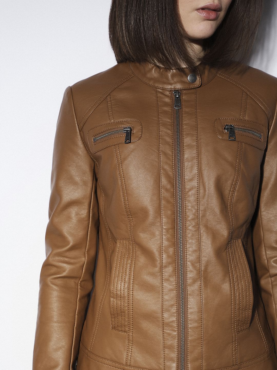 Brown Faux Leather Biker Jacket