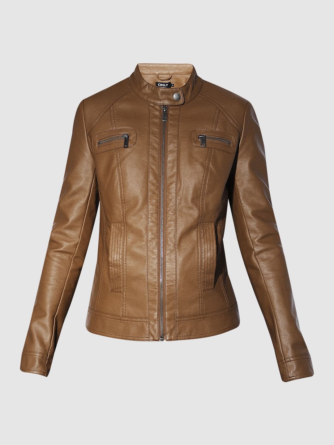 Brown Faux Leather Biker Jacket
