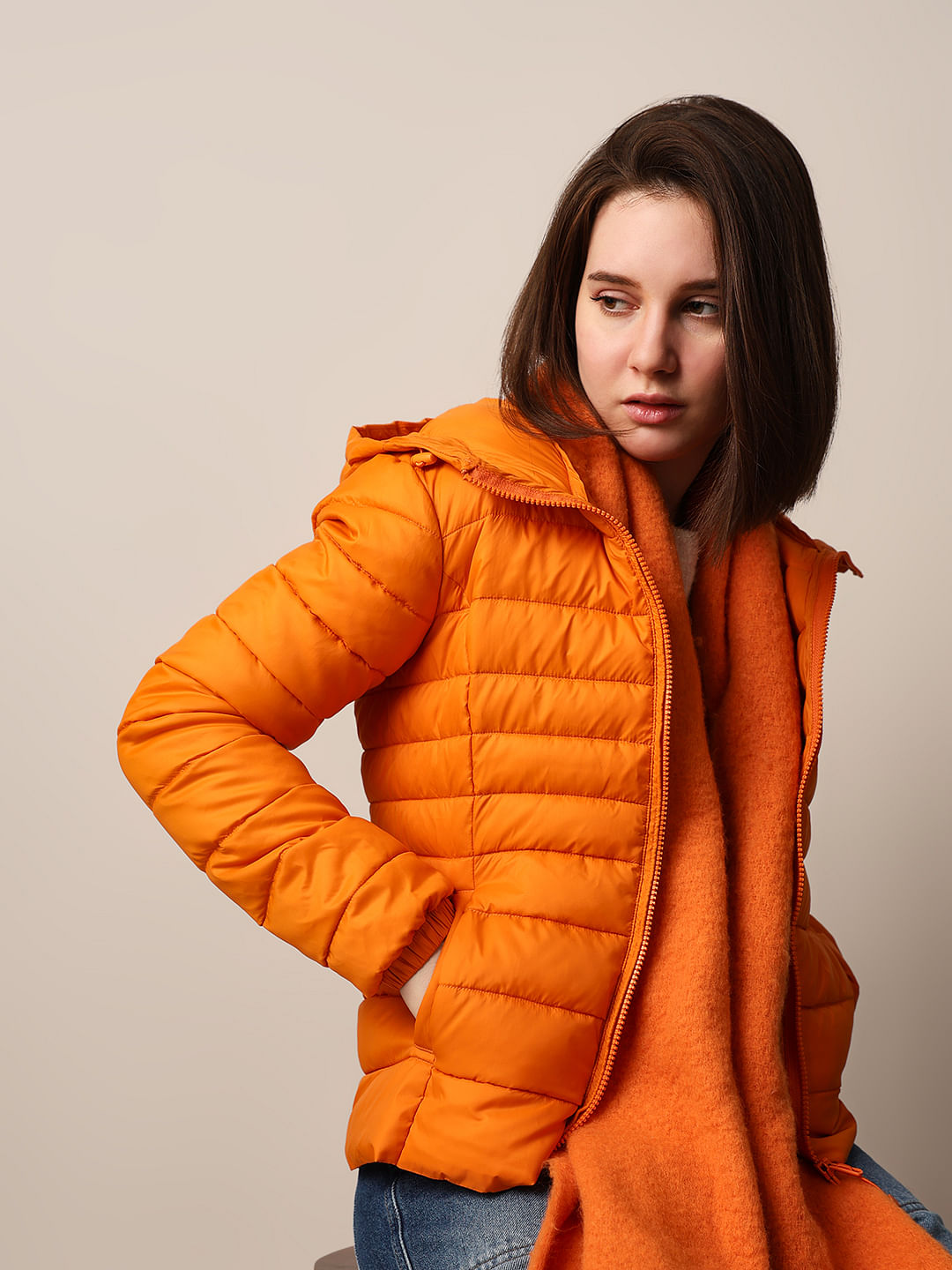 Orange Hooded Puffer Jacket