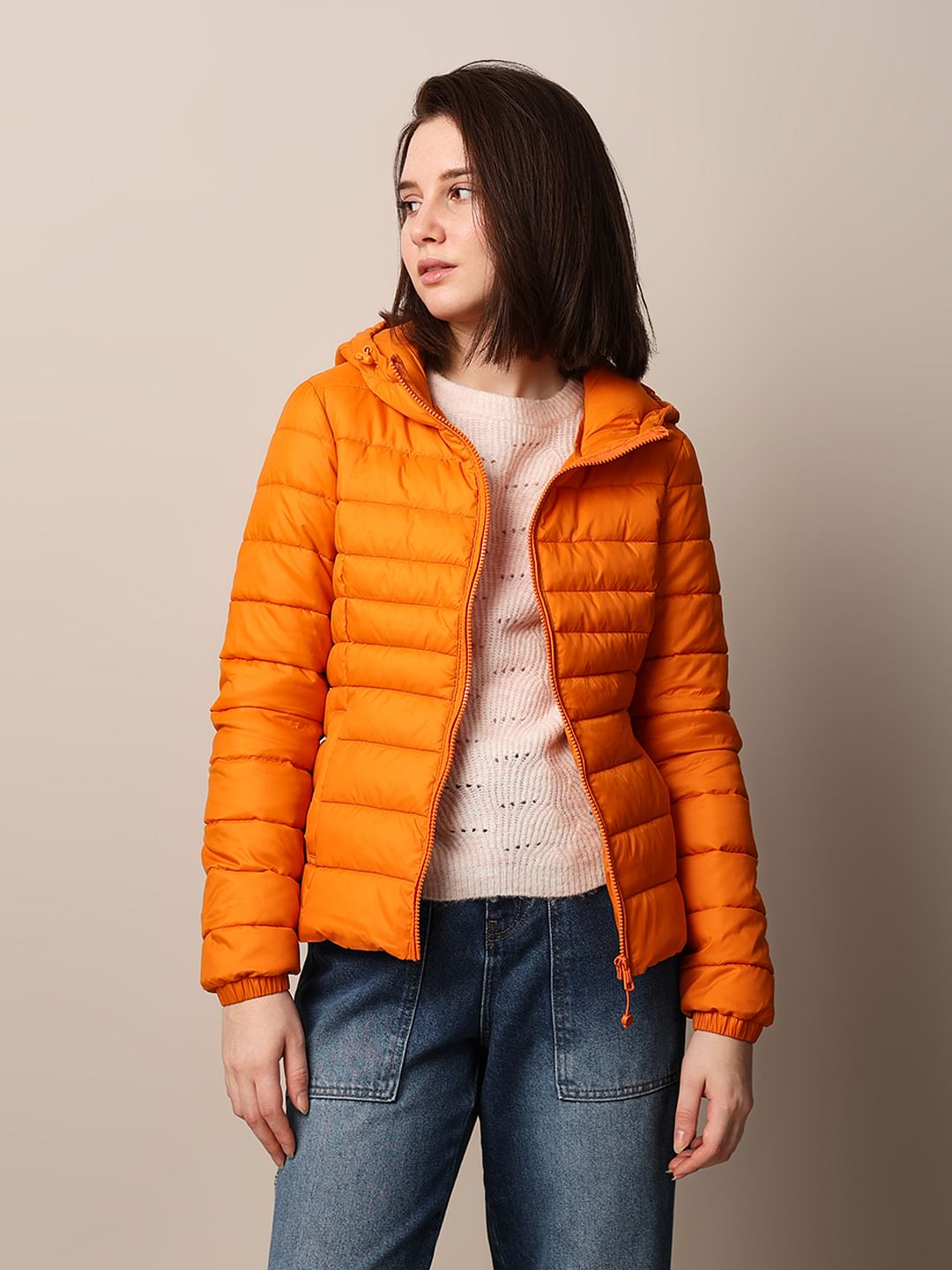 Orange Hooded Puffer Jacket
