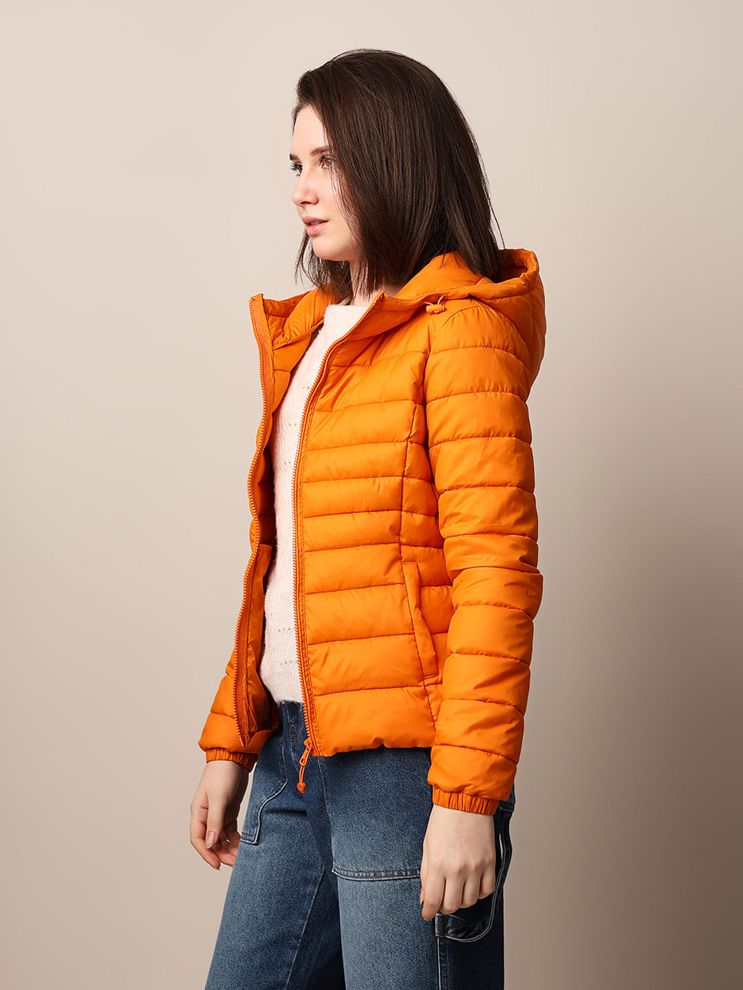 Orange Hooded Puffer Jacket