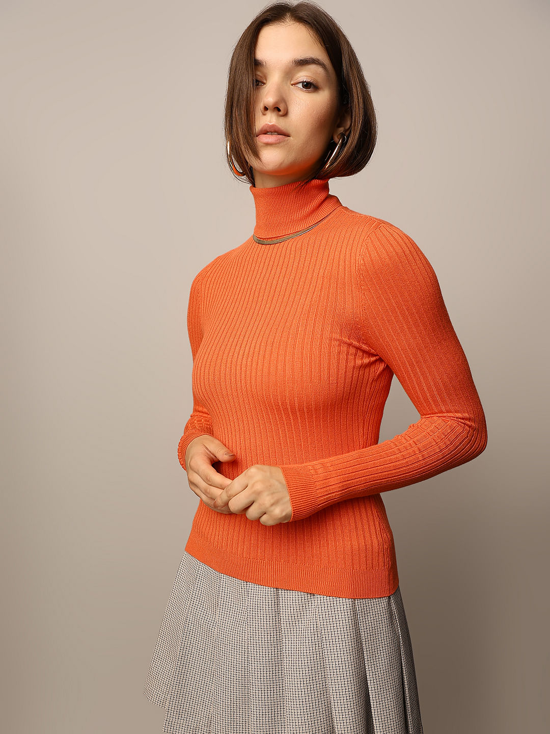 Orange Turtle Neck Fitted Pullover