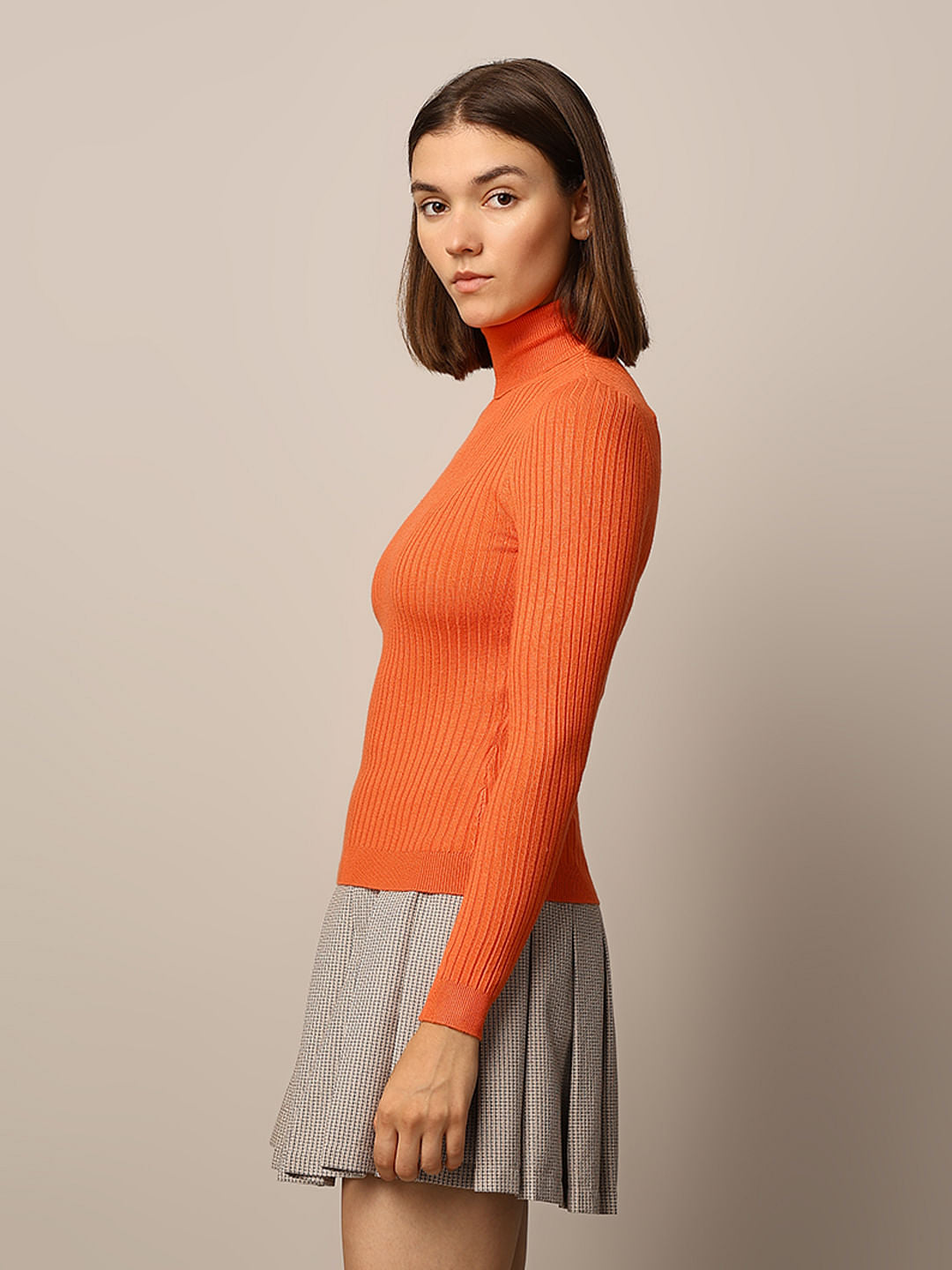 Orange Turtle Neck Fitted Pullover