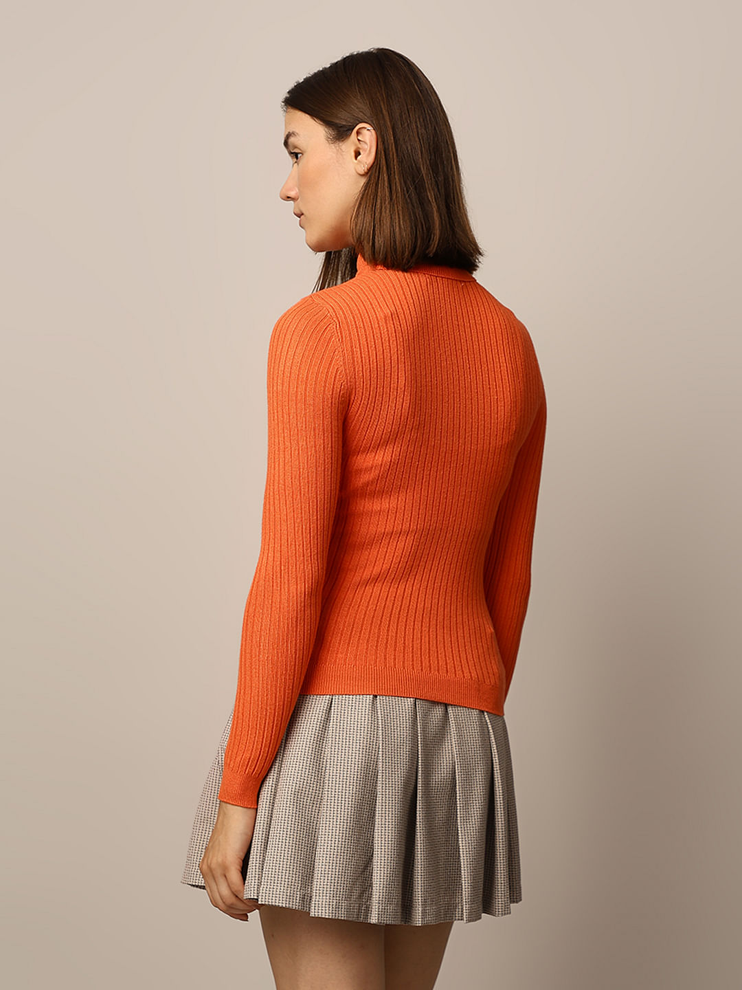 Orange Turtle Neck Fitted Pullover